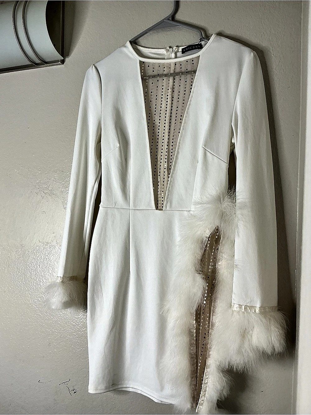 White Faux Fur Trim Mini Dress Like New